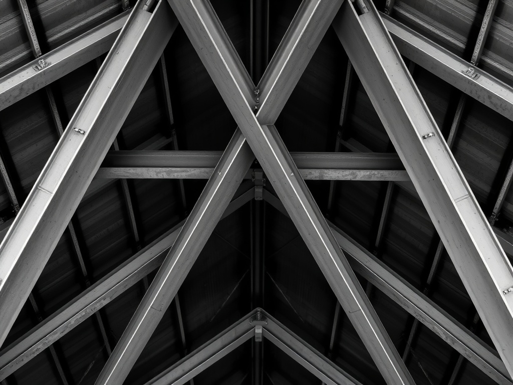 Abstract close-up of intersecting steel beams in a warehouse ceiling creating a geometric shape, high-contrast monochrome, texture of metal, 8k architectural detail